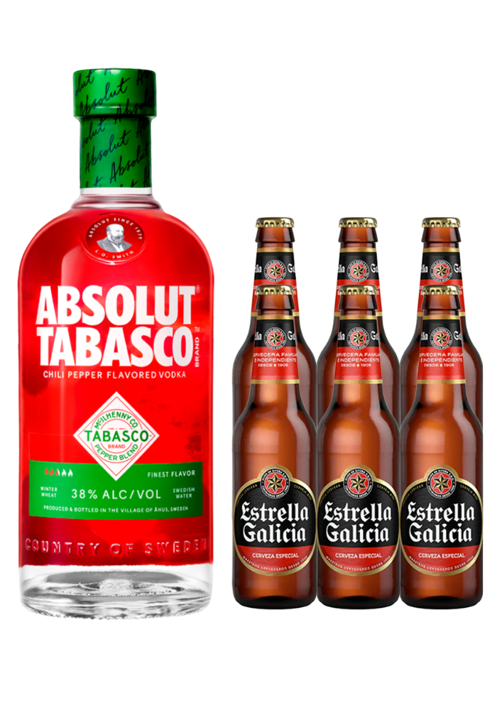 Vodka Absolut Tabasco 750 mL + Six Cerveza Estrella Galicia Especial 330 mL (OFERTA EXCLUSIVA EN LÍNEA)