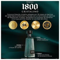 Imagen de una botella de cristal, con tapón color negro y la etiqueta que dice: “1800 Cristalino Añejo”. 