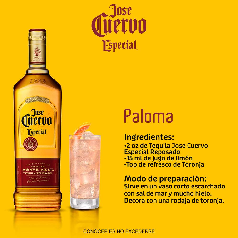 Vista de una botella de tequila con una etiqueta que tiene la leyenda José Cuervo Especial Reposado. 