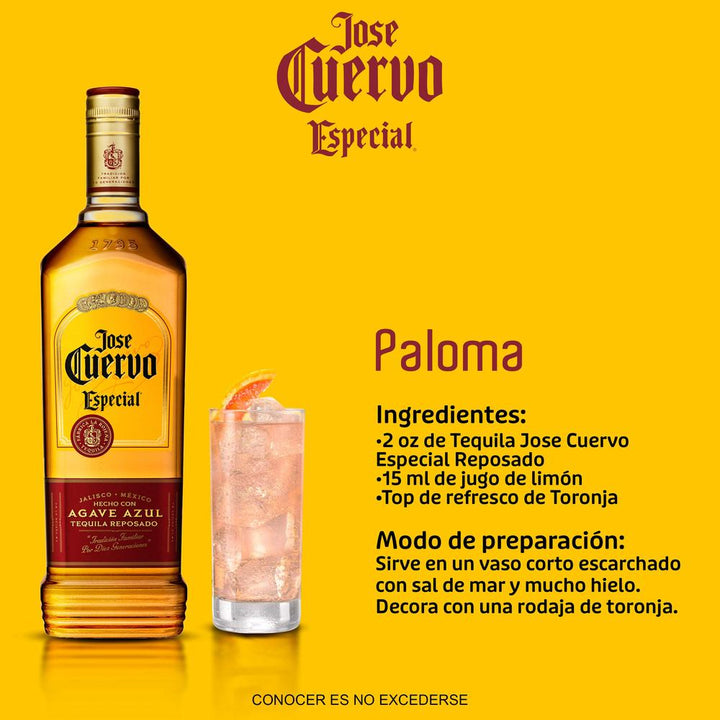 Vista de una botella de tequila con una etiqueta que tiene la leyenda José Cuervo Especial Reposado. 